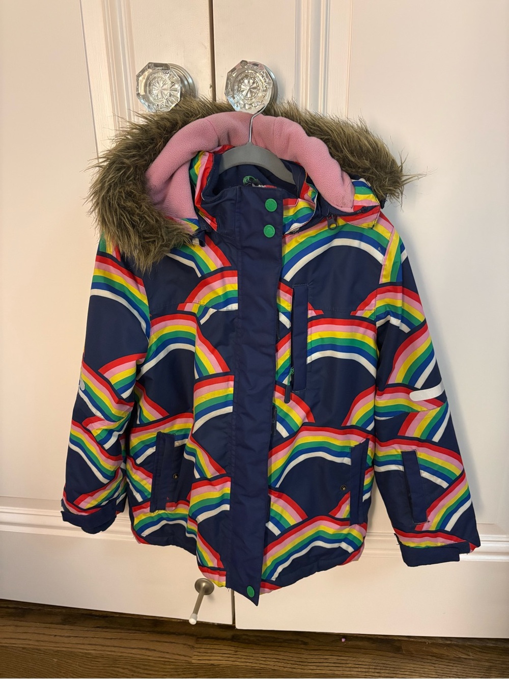 Mini Boden Girls Rainbow Print Winter Coat Faux Fur Hood 9-10Y
